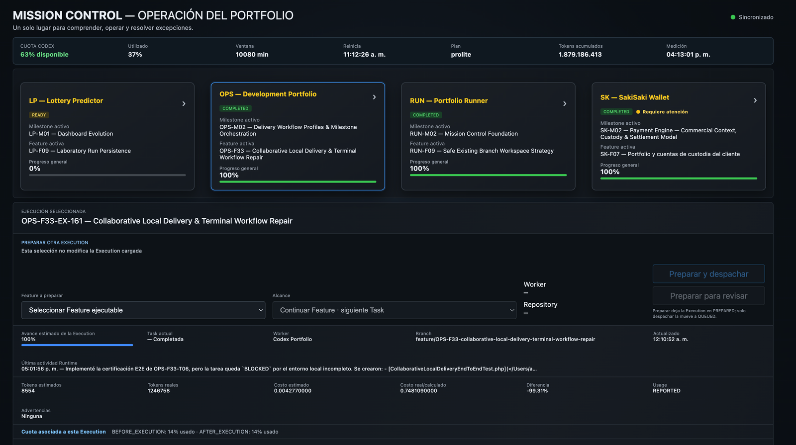 Mission Control interface showing live Portfolio projects, execution state and production metrics
