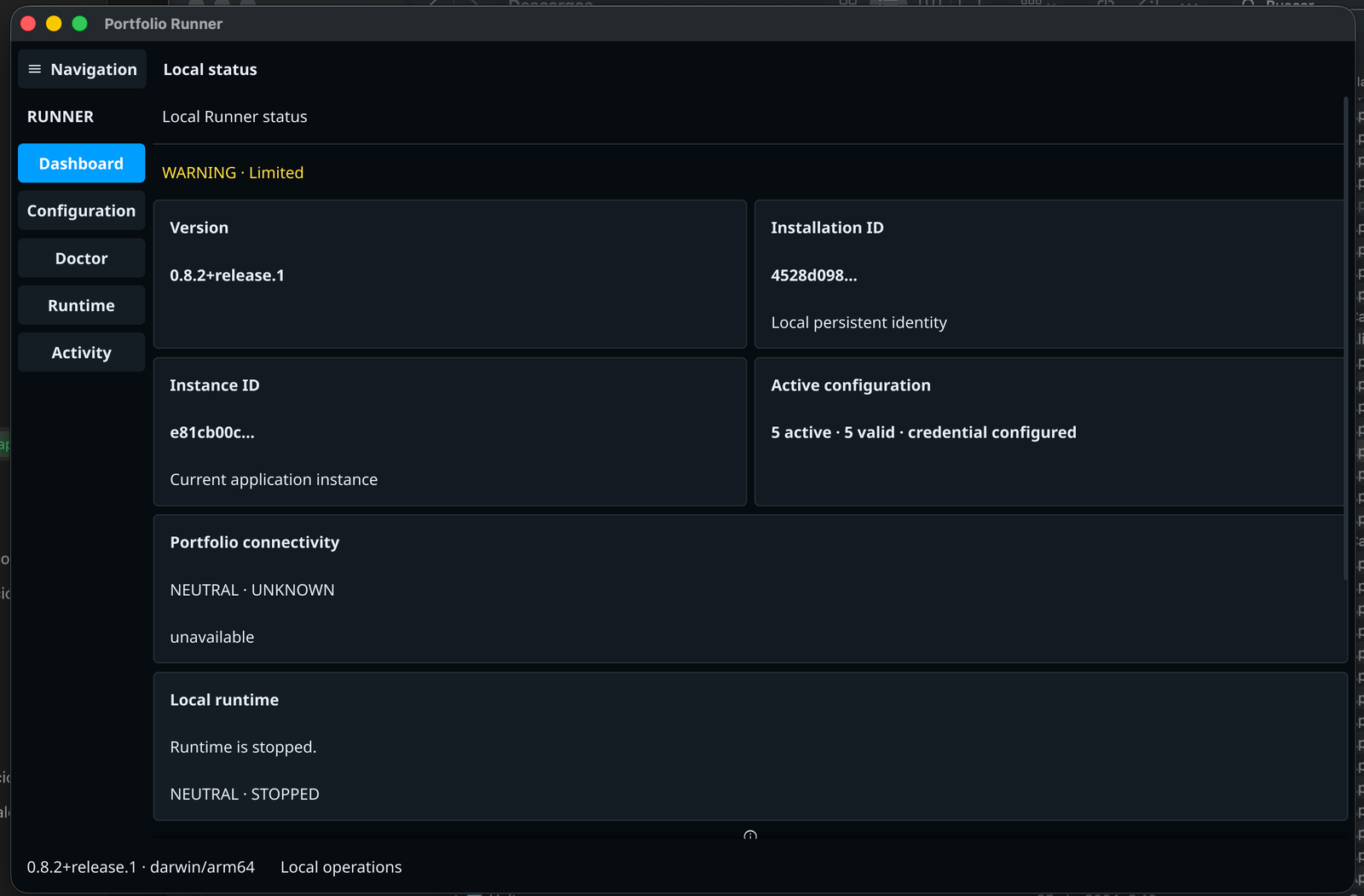Portfolio Runner desktop dashboard showing local status, configuration, connectivity and runtime